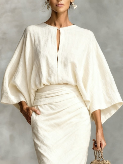 White loose-fitting top and printed skirt set