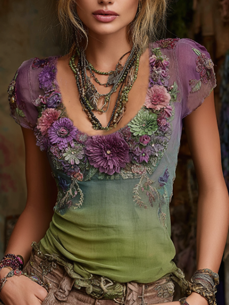 Vintage Western Boho Collection Purple Floral Embroidered Short Sleeve T-shirt