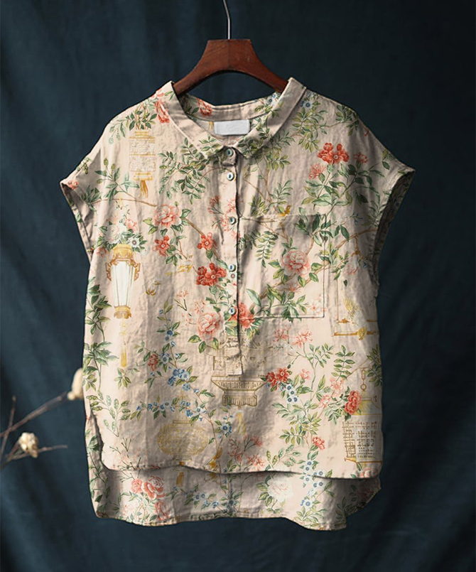 Vintage Floral Print Short-sleeved Cotton & Linen Shirt