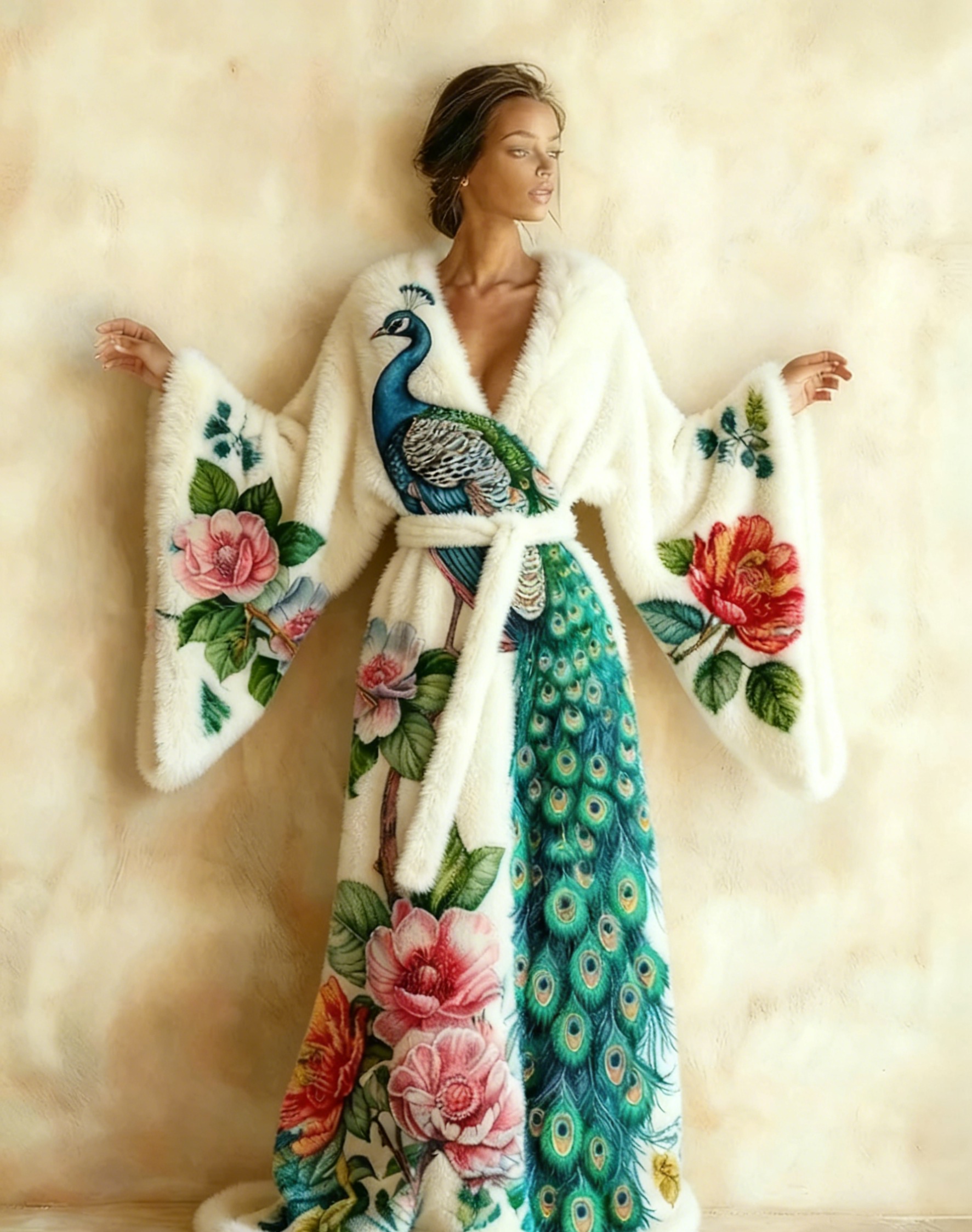 Abstract  Art Print Kimono Long Gown Autumn and Winter Robe With Belt