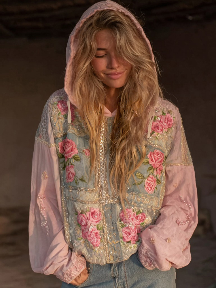 Women's Pink Rose Embroidered Denim Patchwork Hooded Sweatshirt