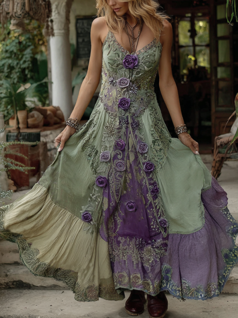 Vintage Classy Gradient Purple Lavender And Floral Embroidered Suspender Long Dress