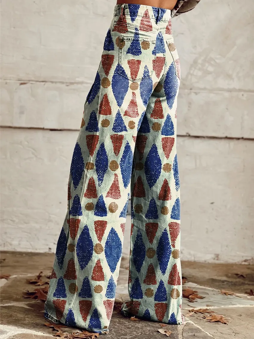 Vintage Print Casual Wide-Leg Pants