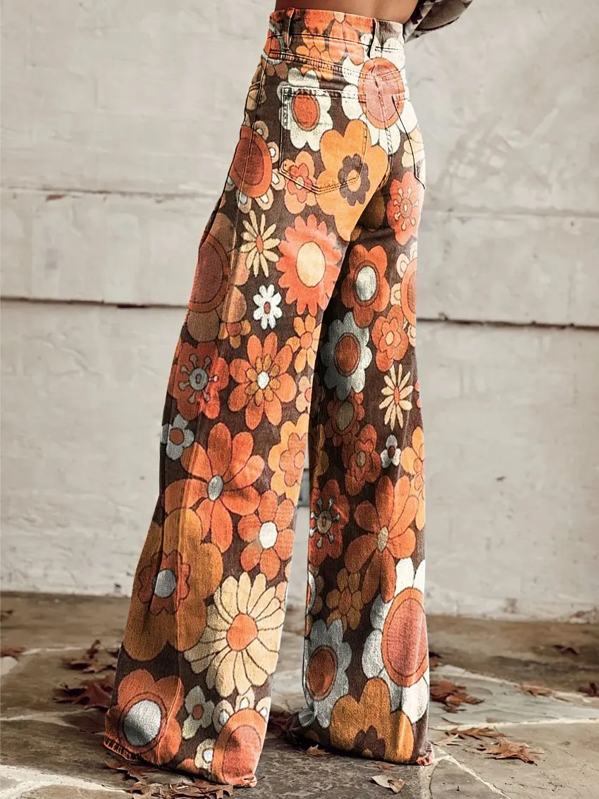 Vintage Flower Print Casual Wide-Leg Pants