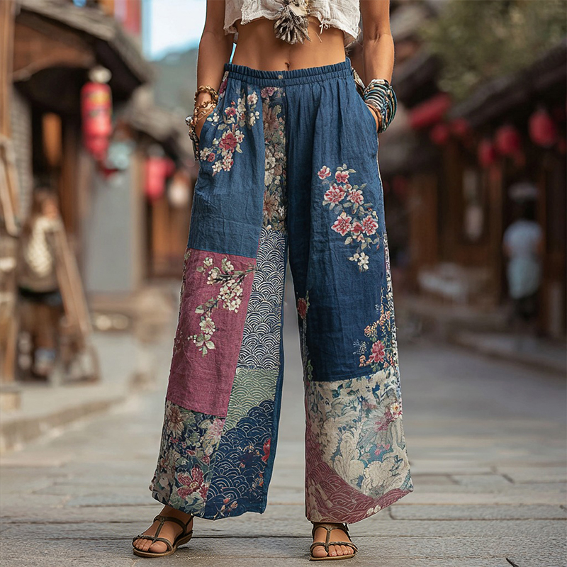 Retro Japanese Floral Wave Patchwork Linen Pants