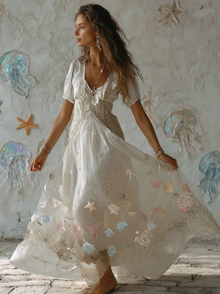 Bohemian Style Ocean Element Comfortable Short-sleeved Dress