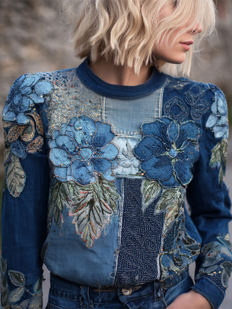 Boho Floral Geometric Thread Embroidery Vintage Women's Linen Crew Neck Sweatshirt