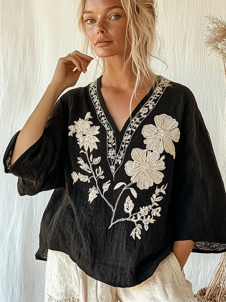 Vintage Floral Pattern Cotton & Linen V-neck Comfort Shirt