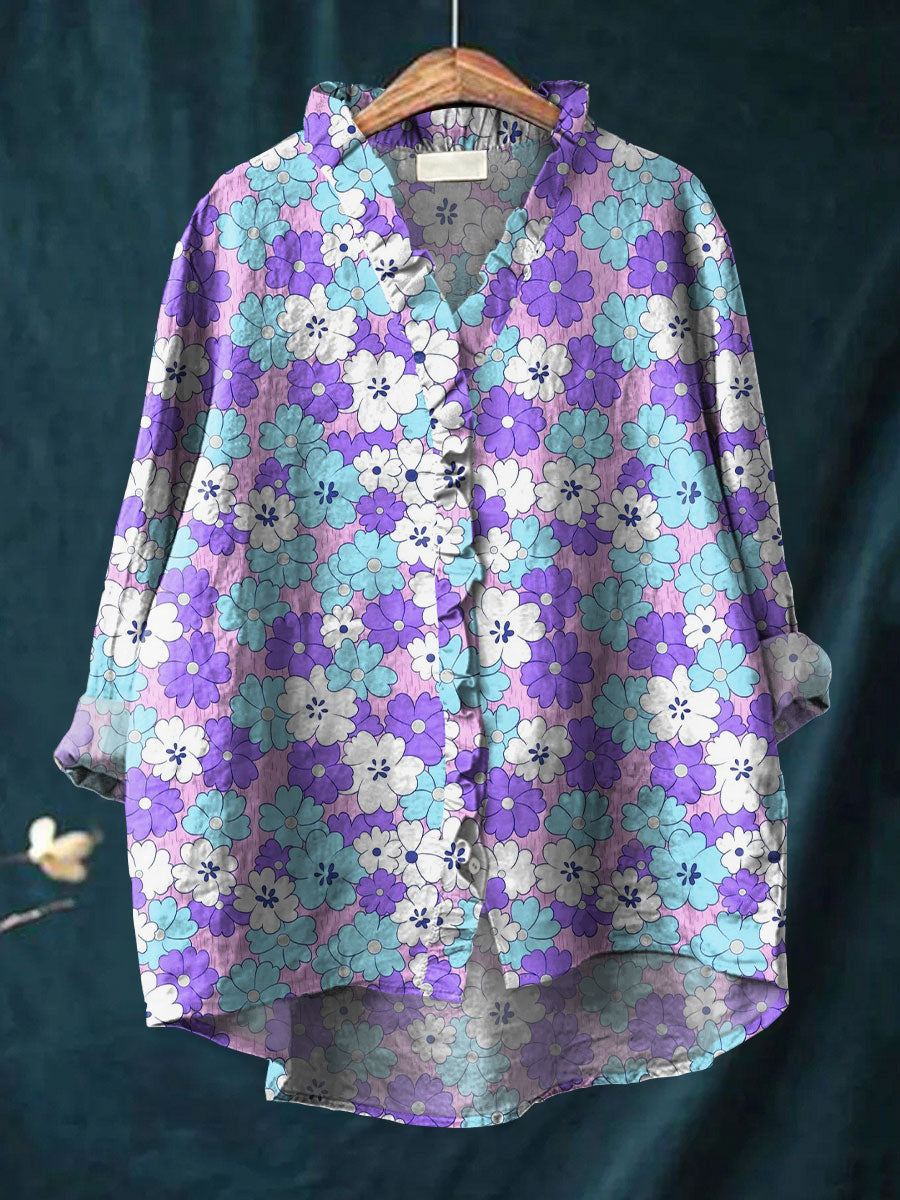 Vintage Flower Art Print Casual Cotton & Linen Ruffle Shirt