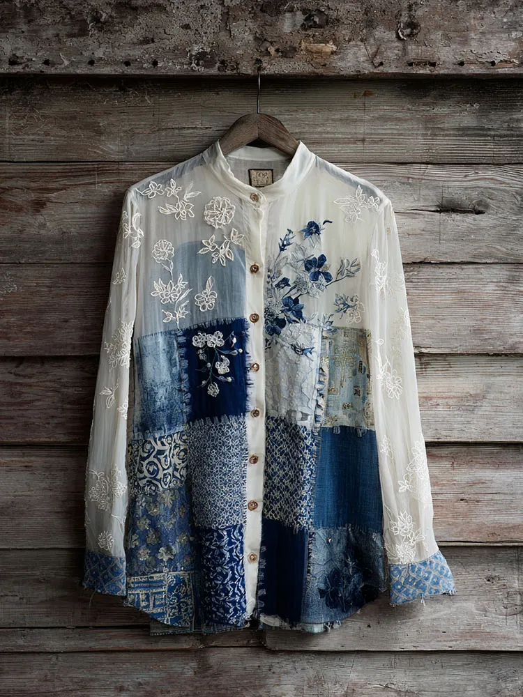 Vintage Floral Lace Patchwork Linen Women's Long Sleeve Shirt