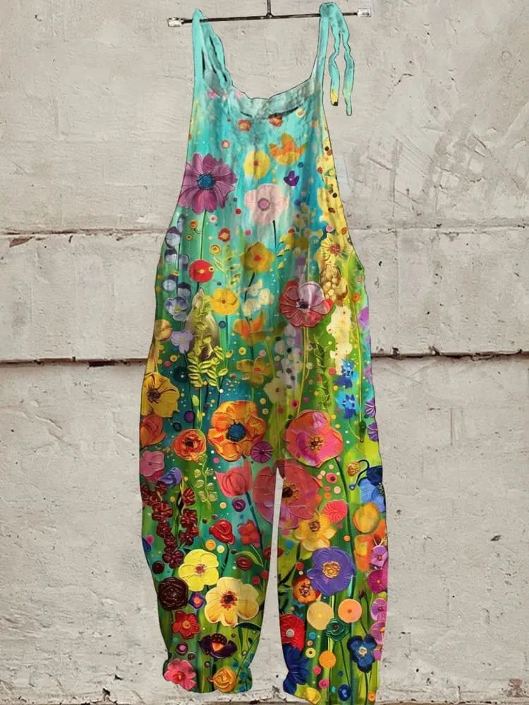 Vintage Lovely Floral Art Print Casual Wide-Leg Jumpsuit