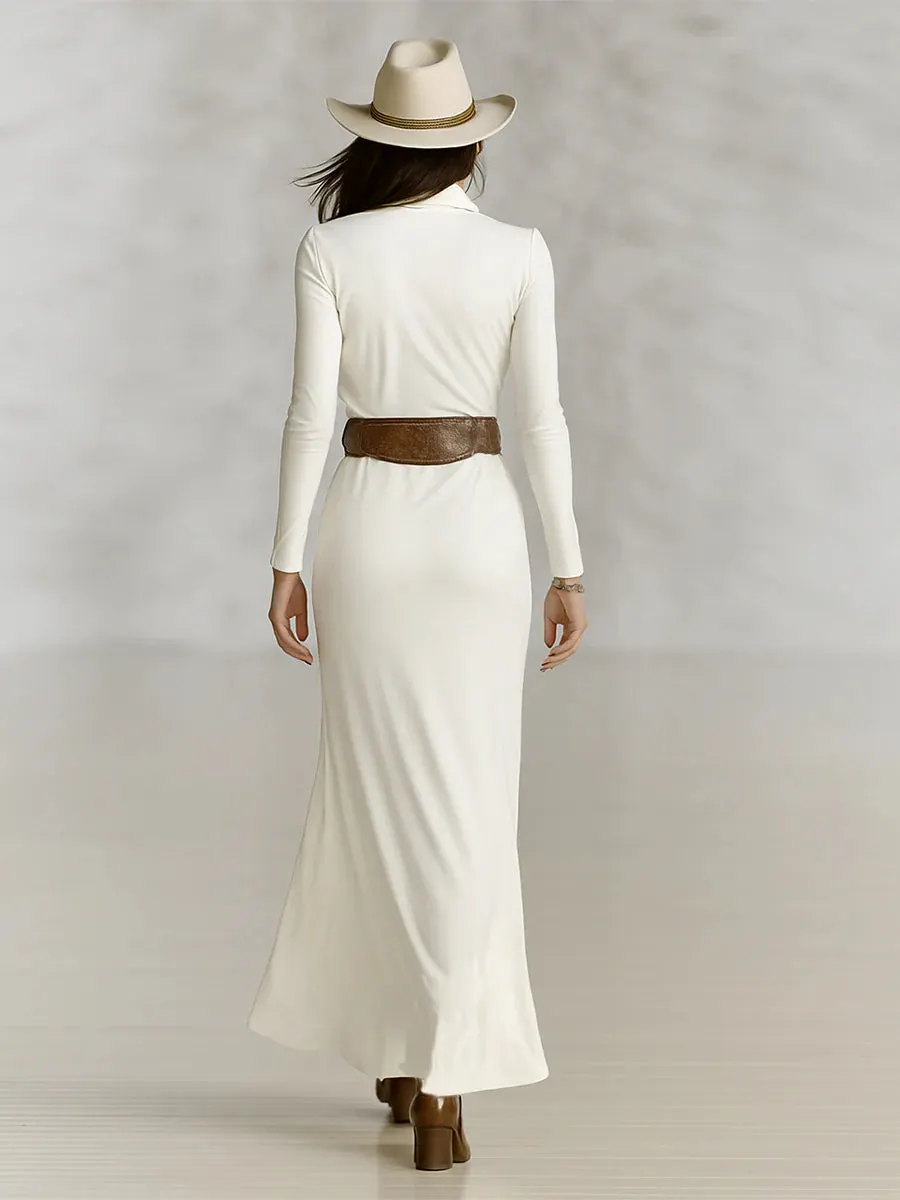 Lapel Long Sleeve Waist-tightening Maxi Dress (without Belt)