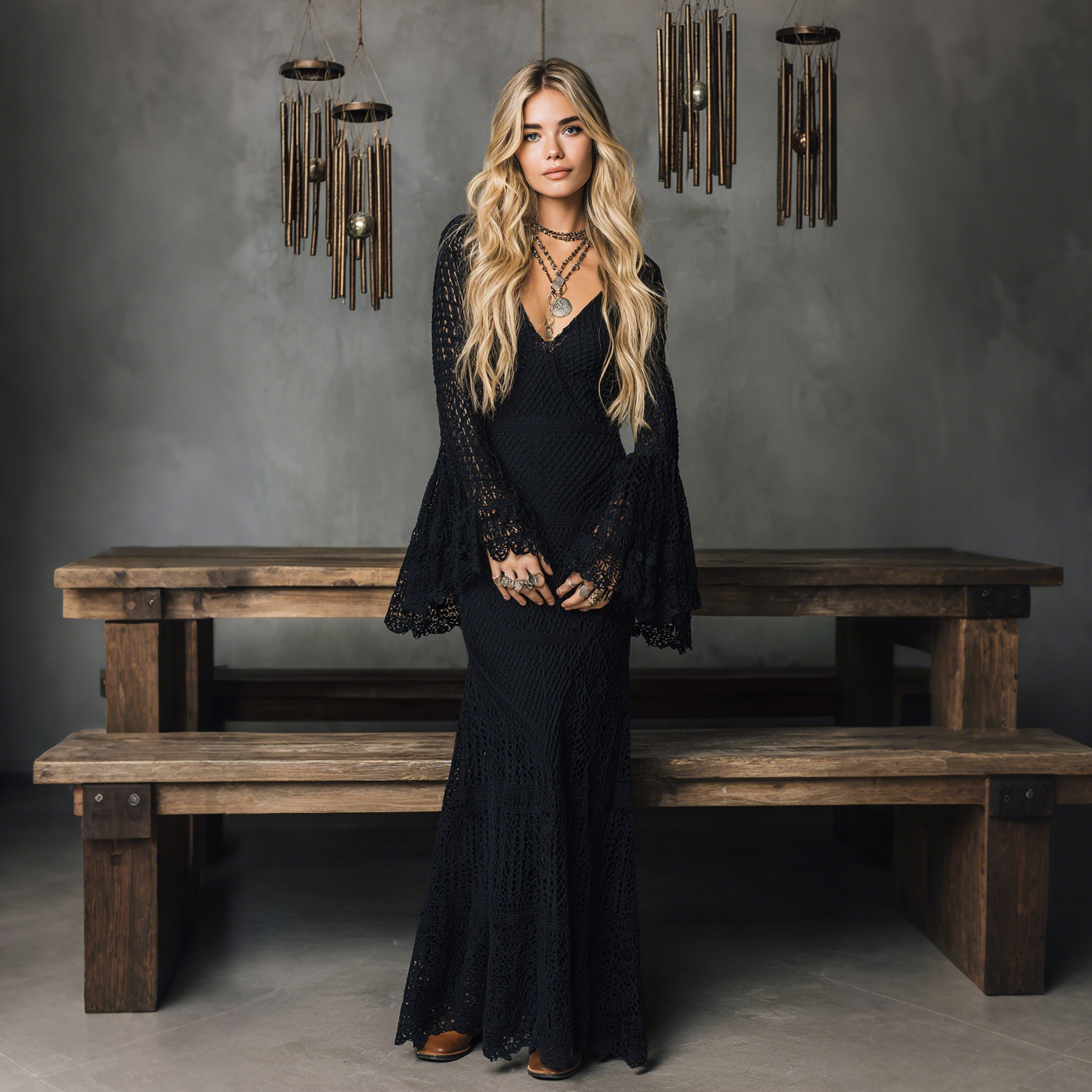 Elegant V-neck Sheer High-waisted Openwork Woven Flared Long-sleeved Dress