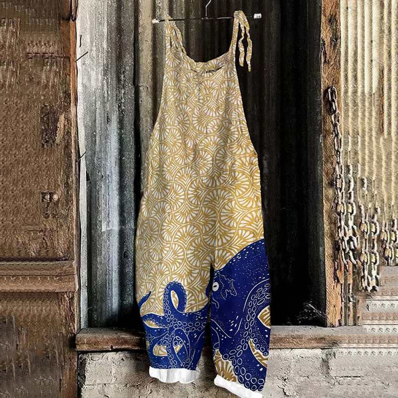 Retro Japanese Style Octopus Art Print Linen Loose Casual Jumpsuit