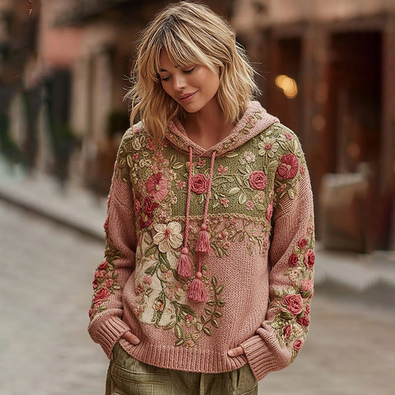Women's Vintage Rose Floral Patchwork Cozy Knit Sweater Hooded