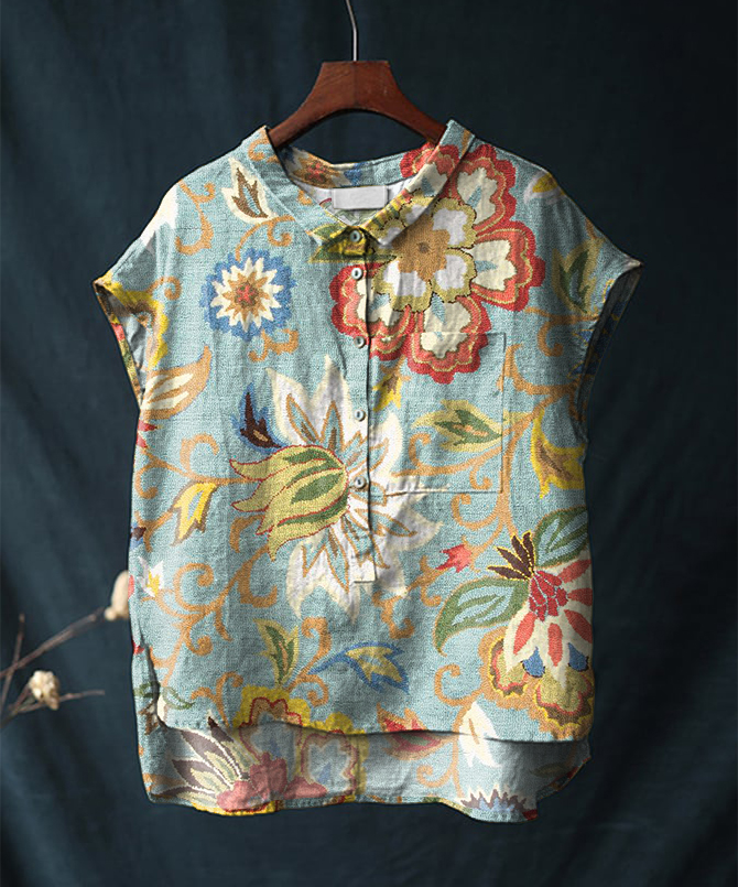 Vintage Floral Print Short-sleeved Cotton & Linen Shirt