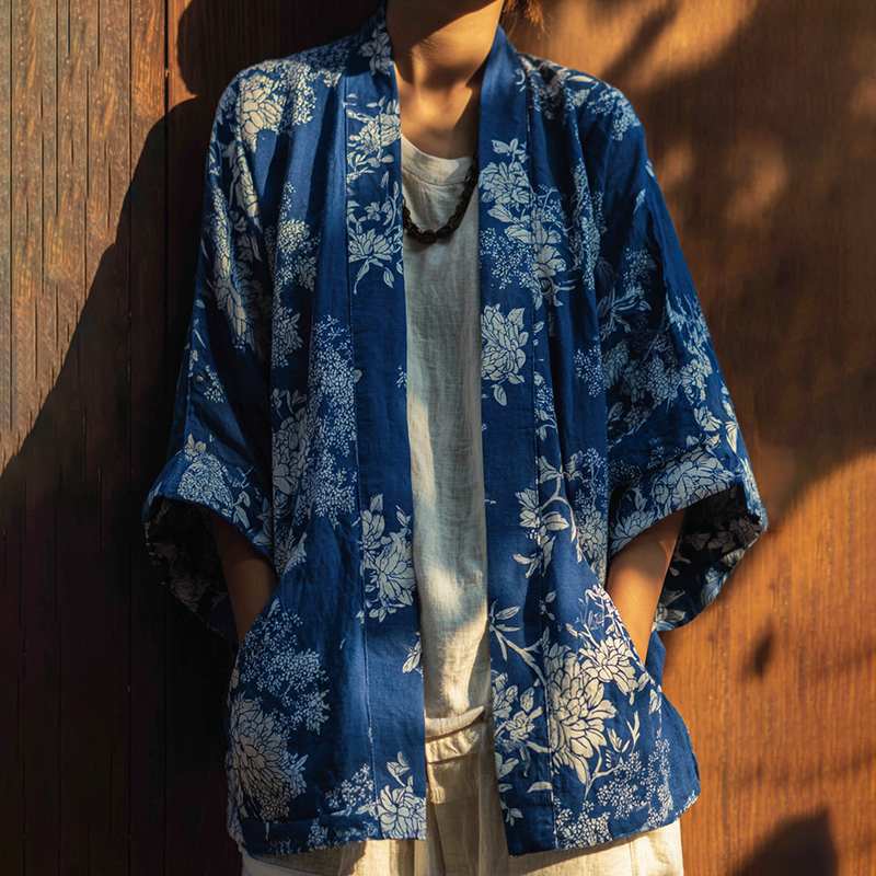 Vintage Japanese Traditional Sashiko With Floral Art Print Cotton & Linen Blend Kimono Cardigan