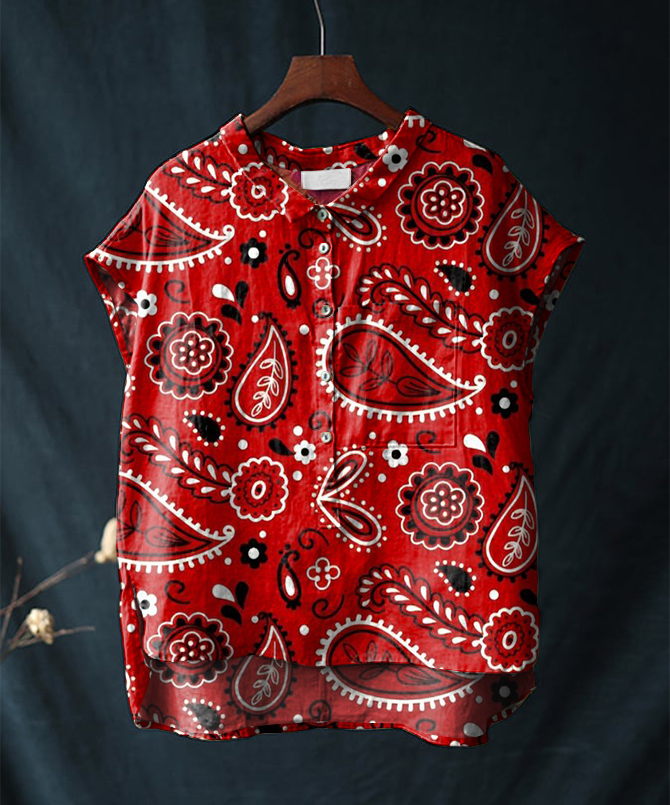 Vintage Paisley Floral Print Short Sleeve Cotton & Linen Shirt