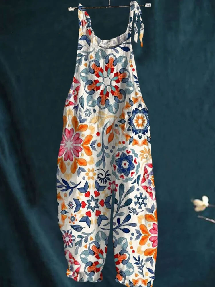 Vintage Lovely Floral Art Print Casual Wide-Leg Jumpsuit