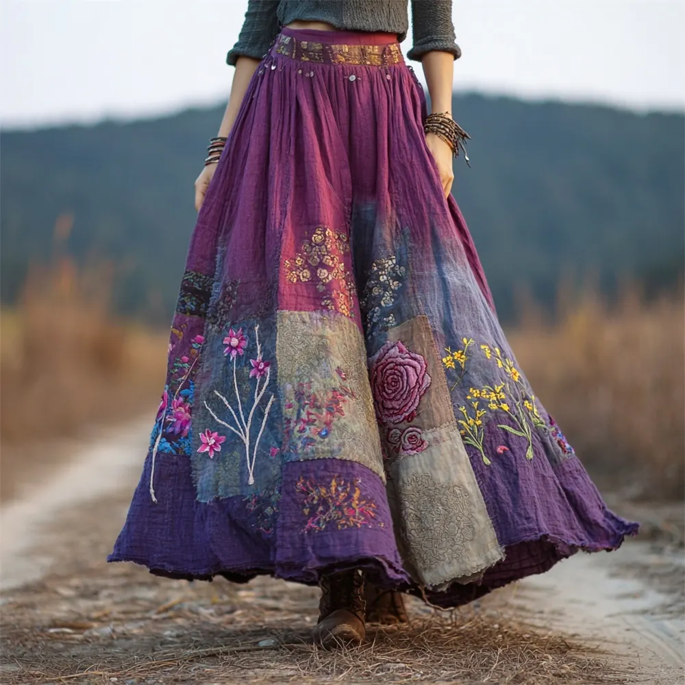 Boho Floral Embroidery Patchwork Vintage Art Women's Linen Flowy Maxi Dress