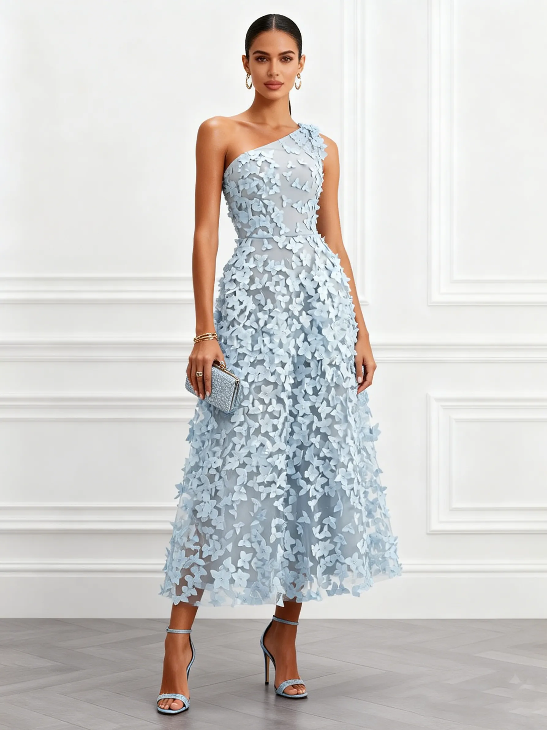 Light Blue 3D Floral Classic One-Shoulder Sleeveless A-Line Midi Dress