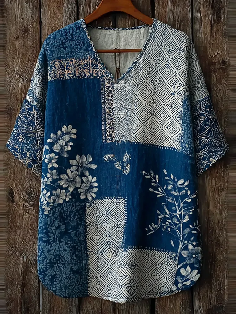 Japanese Art Retro Geometric Patchwork Plant Flower Print Women's V-neck Cotton & Linen Top