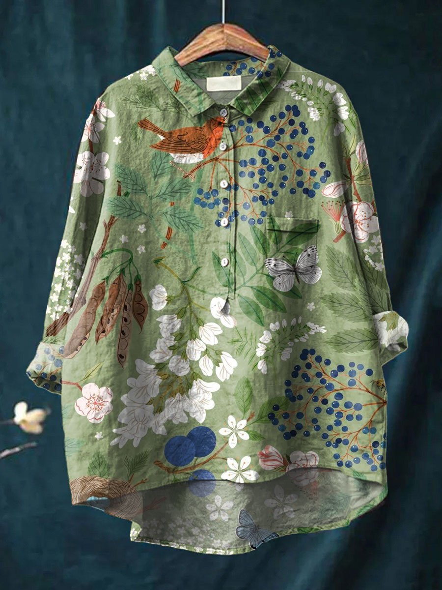 Vintage Flower Print Casual Cotton & Linen Shirt