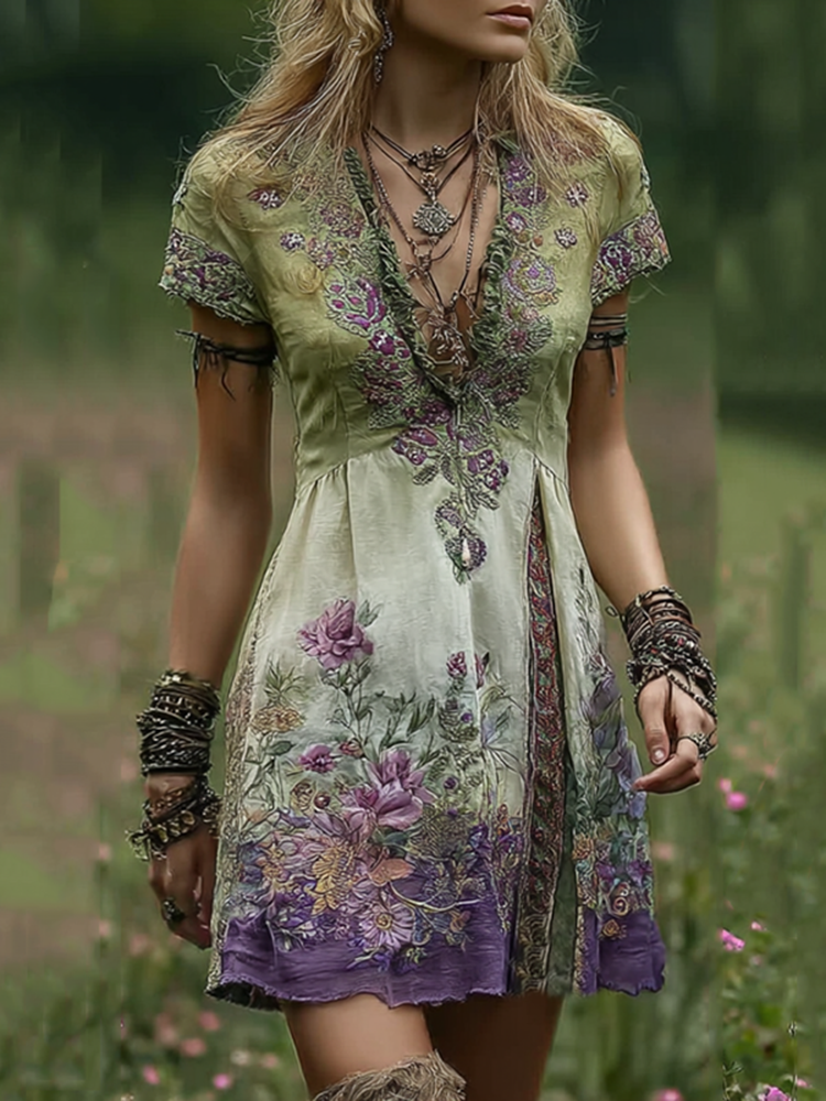 Vintage Gradient Purple Floral Embroidered Patchwork Midi Dress