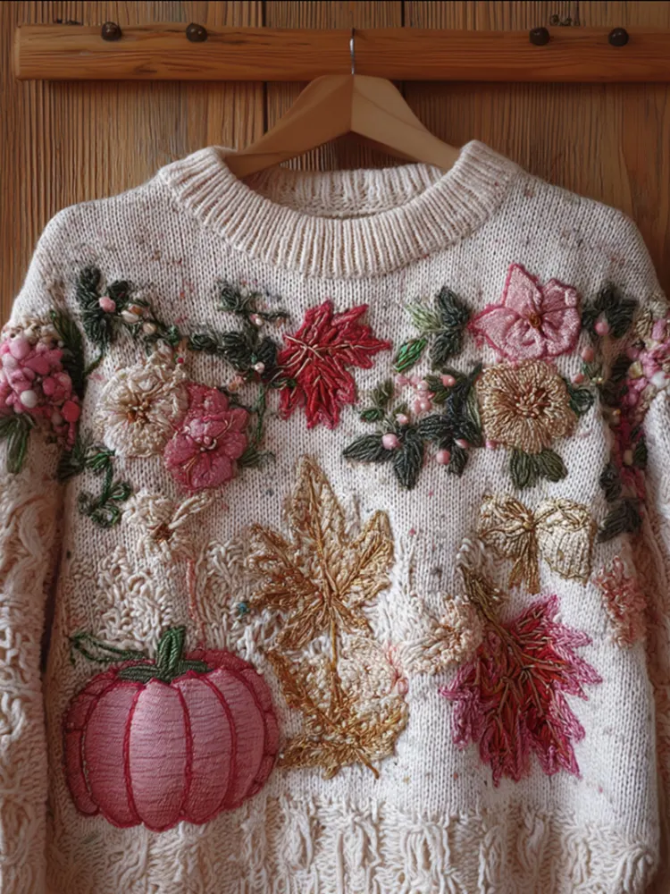 Pumpkin And Maple Leaf Plush Warm Round Neck Sweater