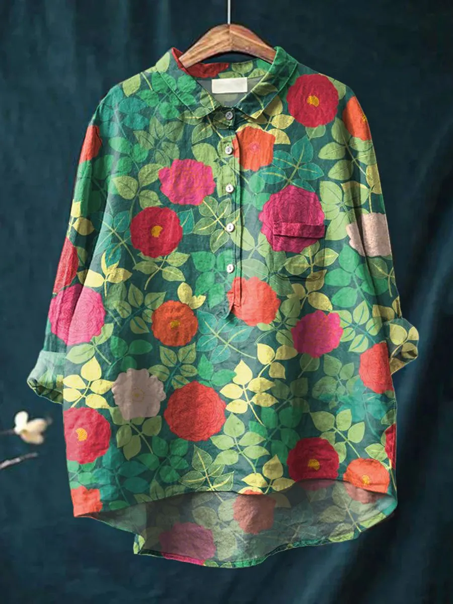 Vintage Flower Print Casual Cotton & Linen Shirt