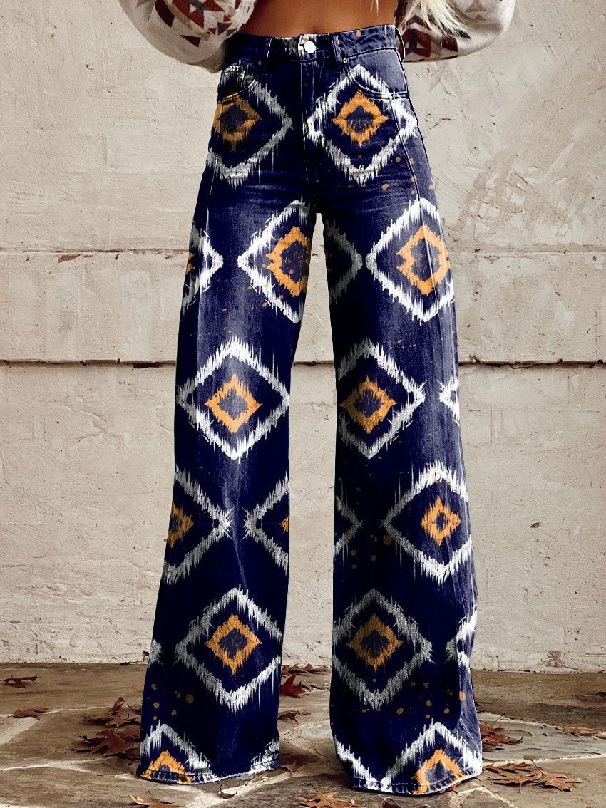 Vintage Print Casual Wide-Leg Pants