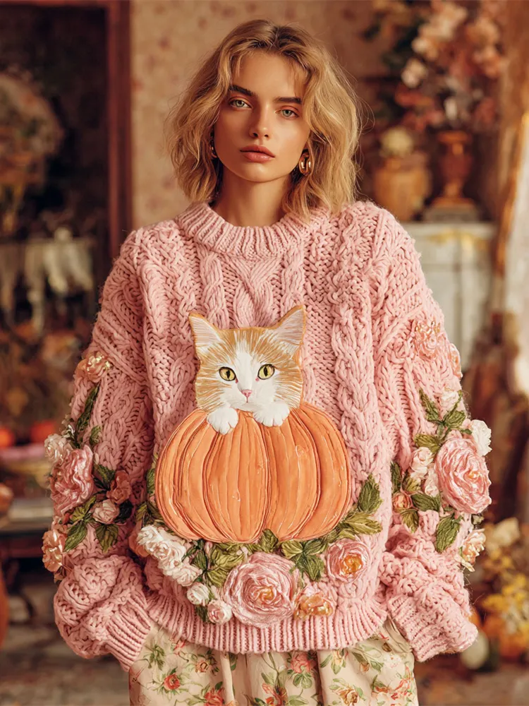 Thanksgiving Pumpkin & Cat Lady Knit Sweater