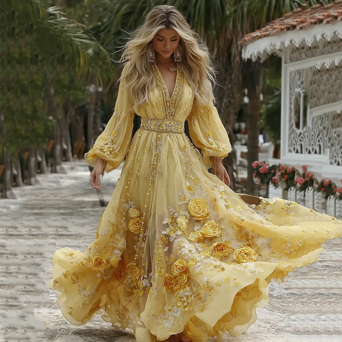 Women's Classic Yellow Roses And Floral Art Print V-neck Long Sleeve Maxi Dress
