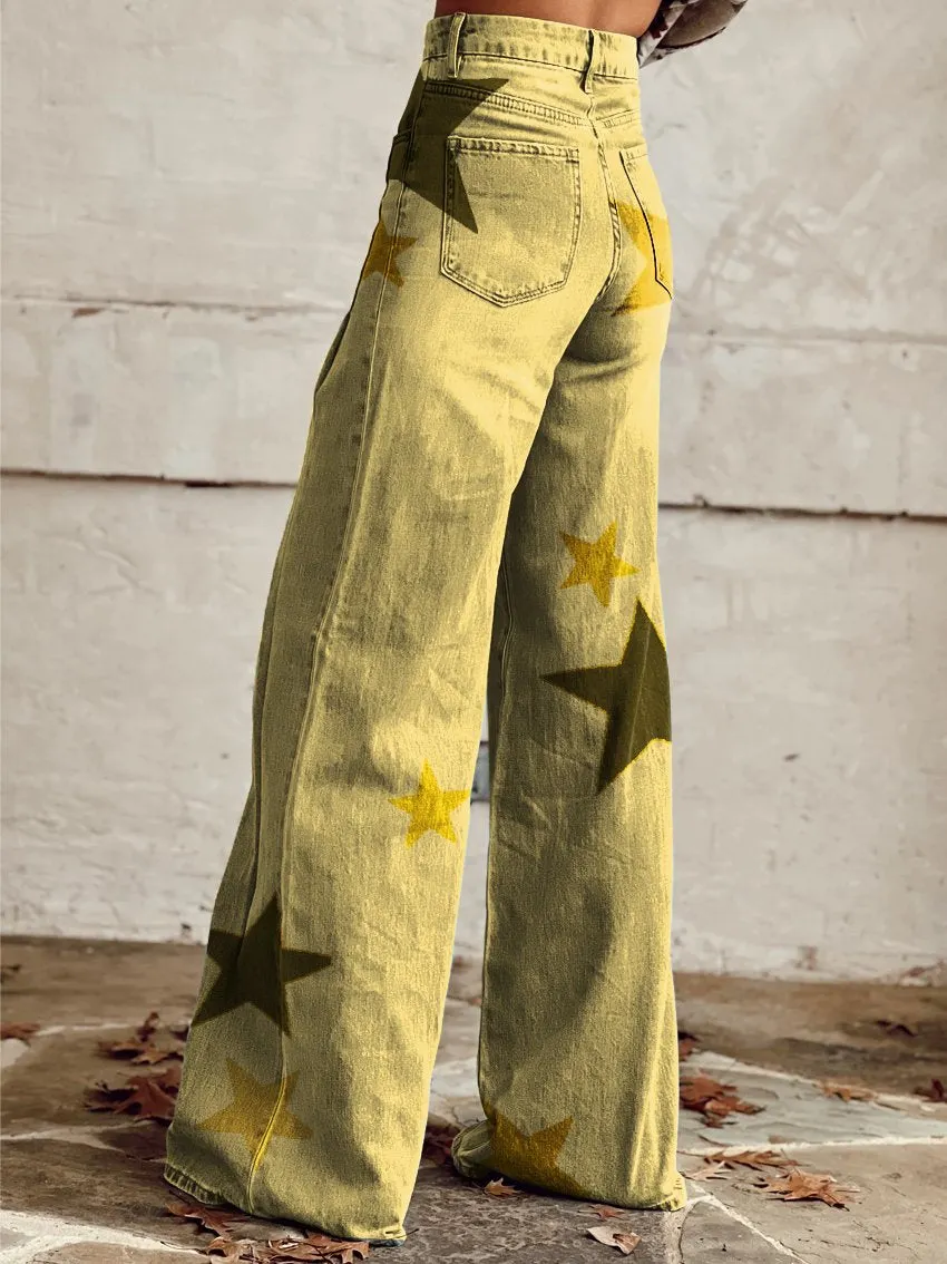 Yellow Star Print Casual Wide-Leg Pants