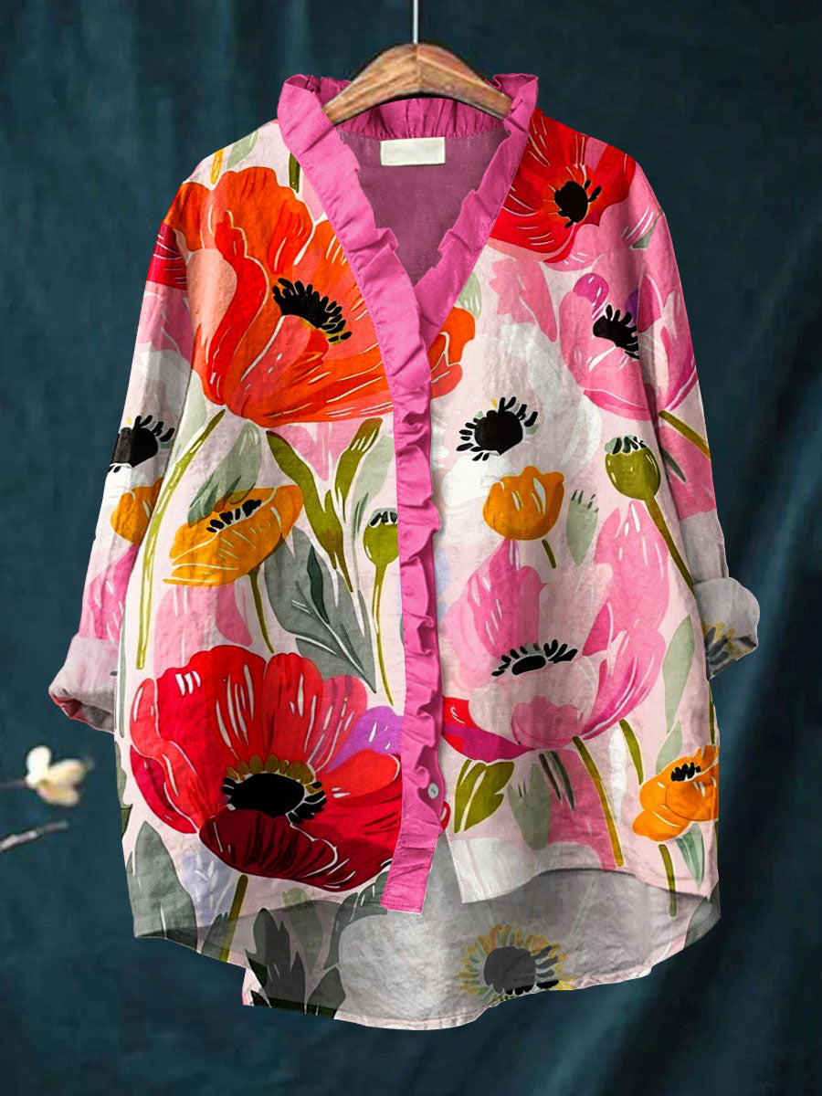 Vintage Floral Art Print Casual Cotton & Linen Ruffle Shirt