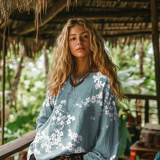Vintage Floral Print Cotton & Linen Loose Top