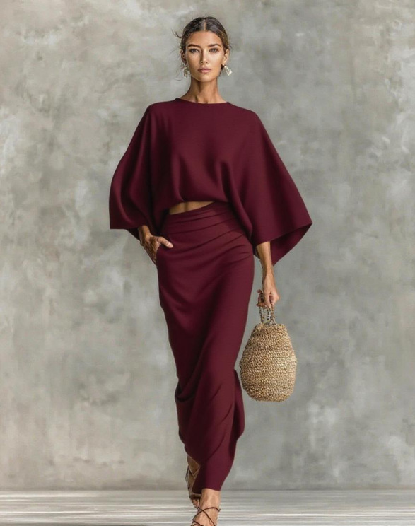 Round neck batwing sleeve top & long skirt set