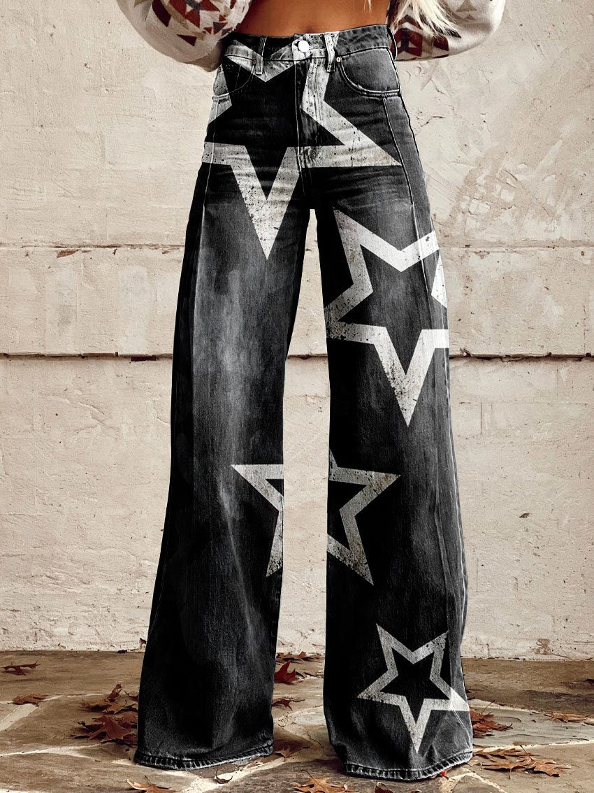 Vintage Stars Print Casual Wide-Leg Pants