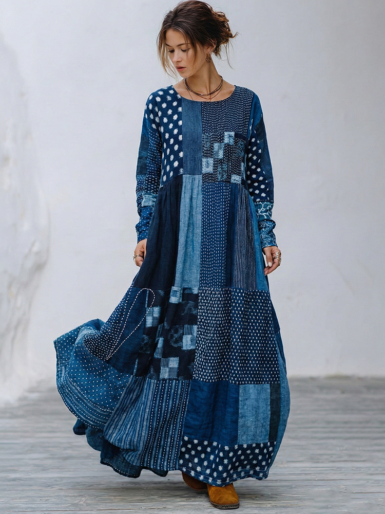 Floral Patchwork Vintage Linen Maxi Dress