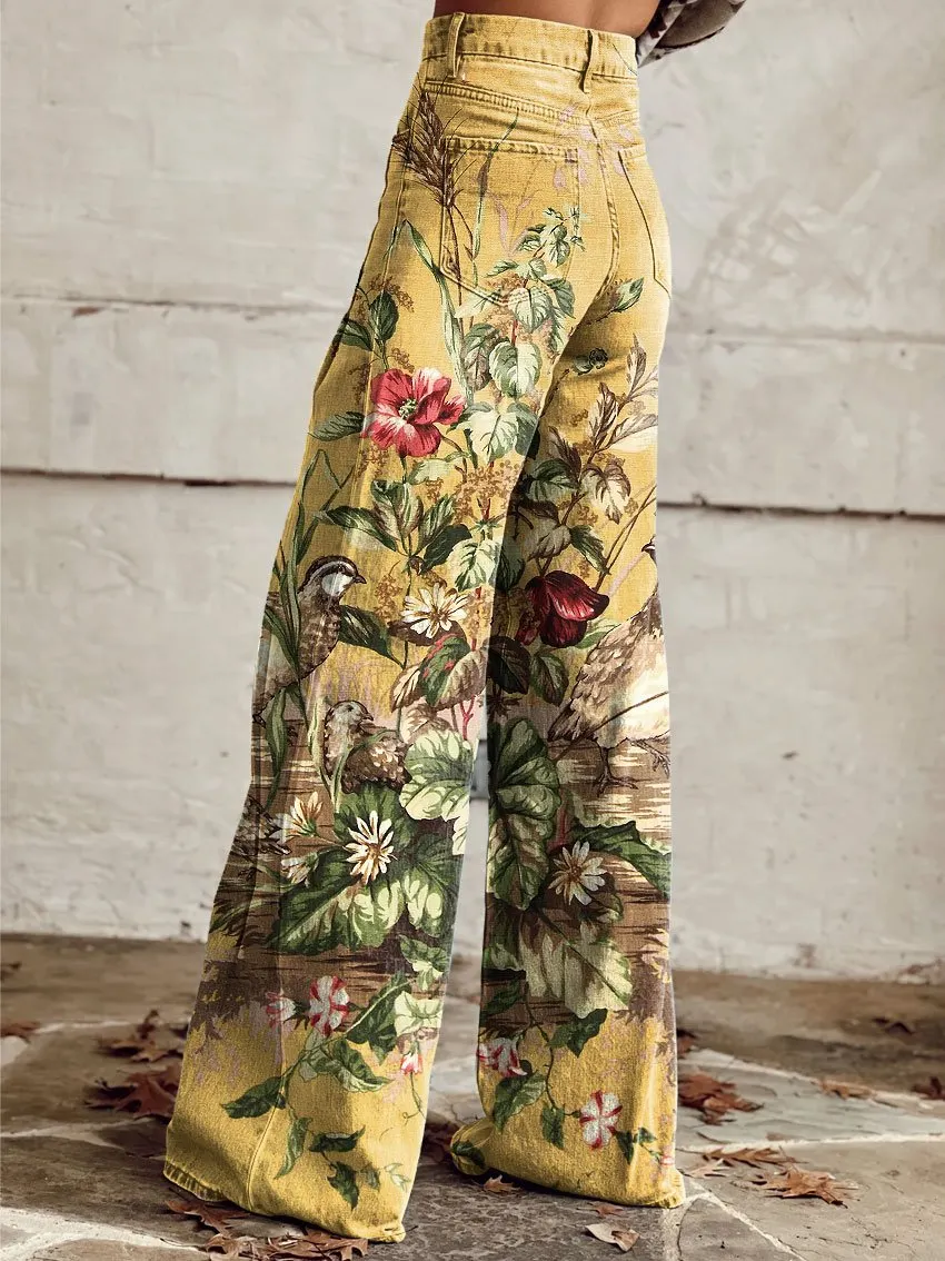 Vintage Print Casual Wide-Leg Pants