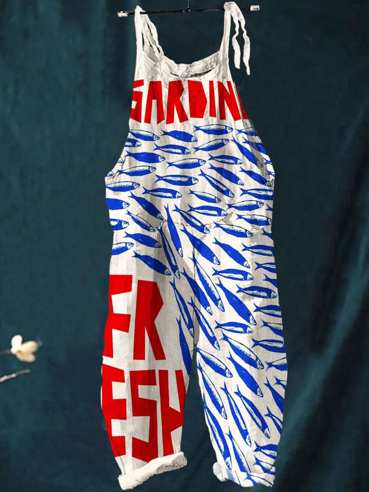 Vintage Fish Sardines Art Print Casual Wide-Leg Jumpsuit