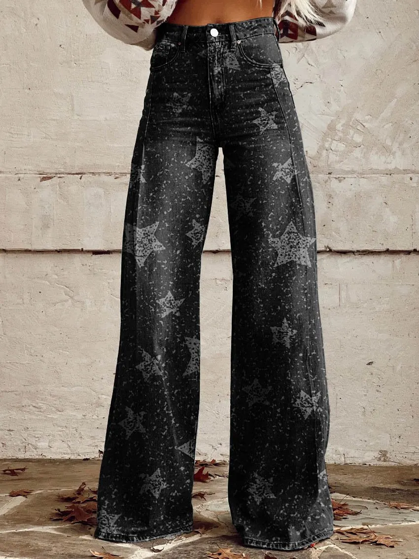 Black Grey Star Print Casual Wide-Leg Pants