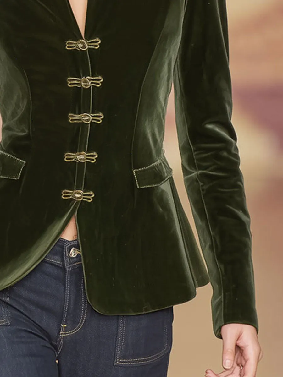 Elegant Retro Gold-buttoned Dark Green Velvet Blazer