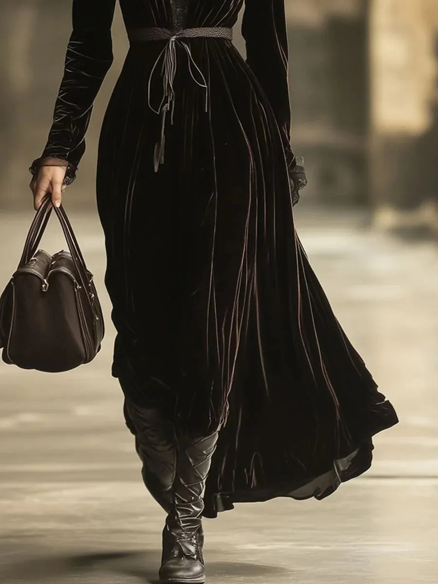 V-Neck Lace Panel Solid Long-Sleeved Maxi Dress