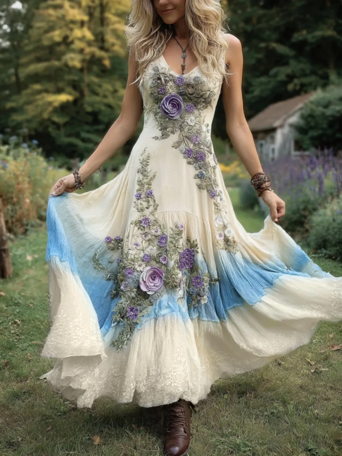 Classy Gradient Purple Lavender And Floral Embroidered Maxi Dress