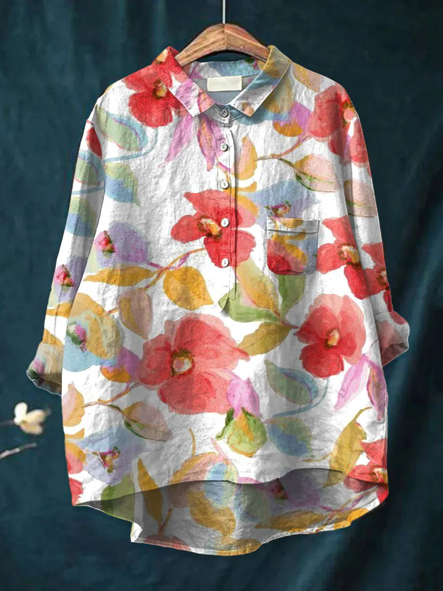 Vintage Flower Art Print Casual Cotton & Linen Shirt