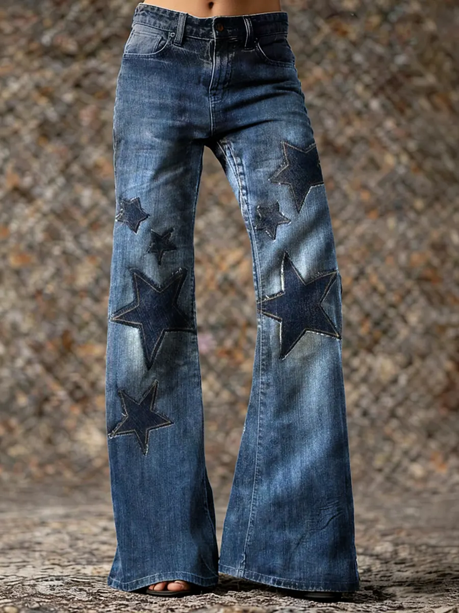 Star Patchwork Art Print Casual Washed Cotton Denim Pants