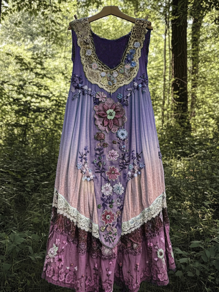 Vintage Boho Lavender Art Patchwork Art Tank Dress