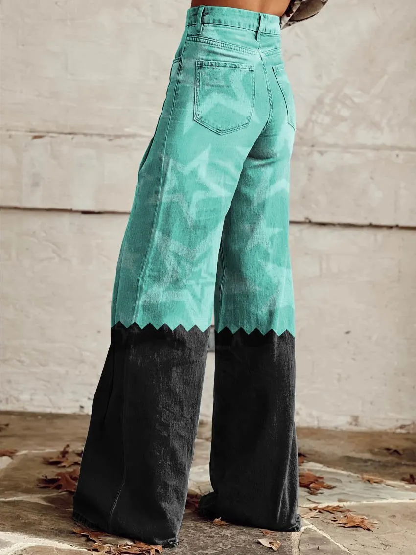 Green & Black Stars Print Casual Wide-Leg Pants