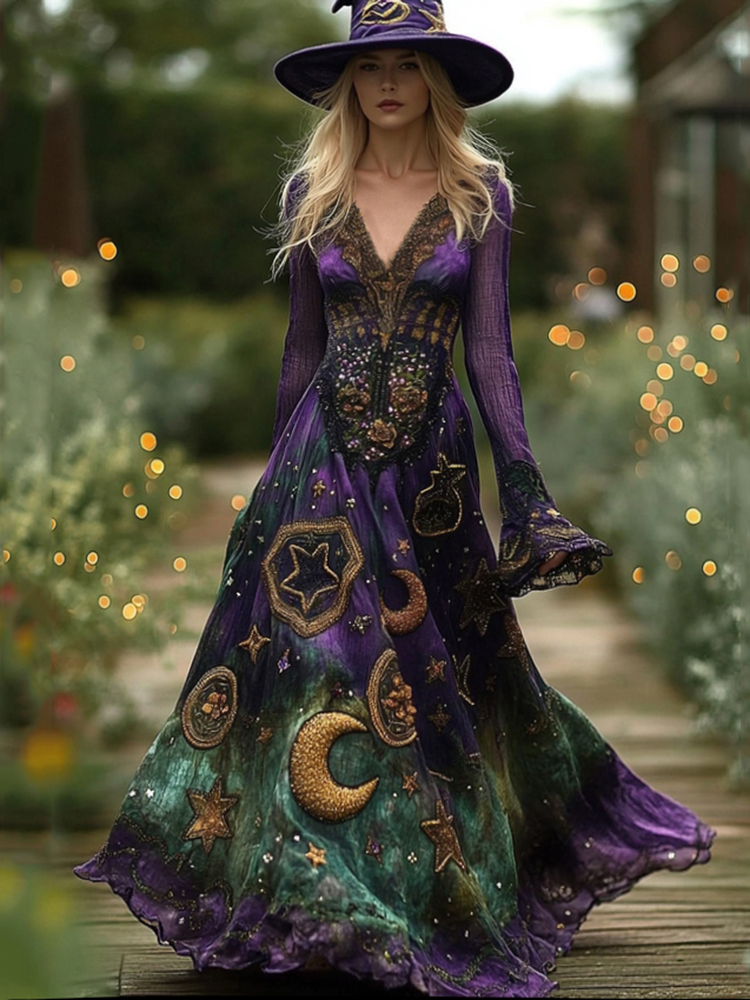 Women's Boho Witch Gradient Tarot Star And Moon Design Witch Maxi Evening Dress